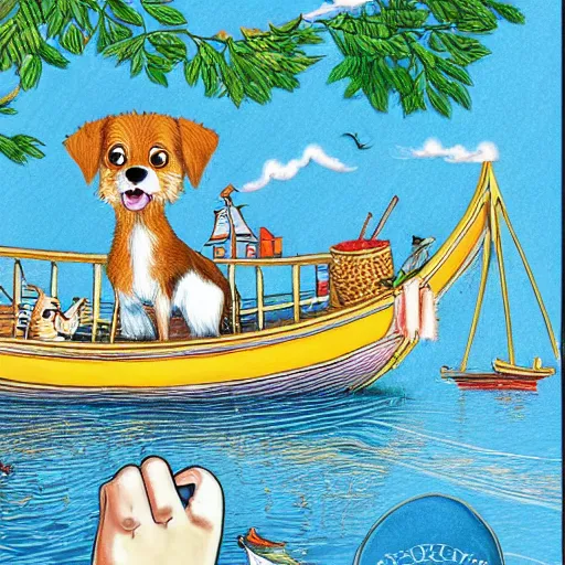 Image similar to a masterpiece detailed illustration of a very cute dog on a boat. the scene is detailed and beautiful, and combines the style of michael foreman, gyo fujikawa, and jane clarke.