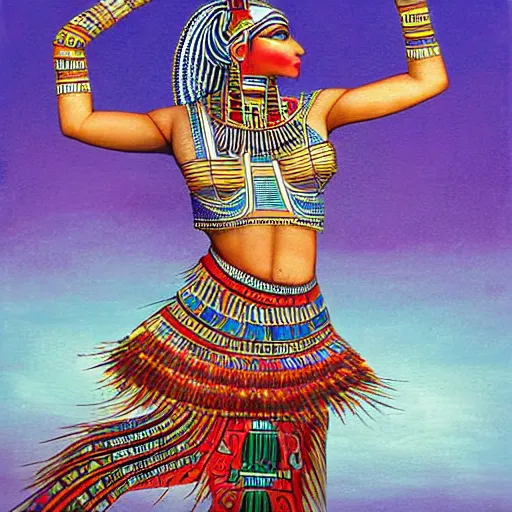 Image similar to hybrid mix of egyptian and tribal dance theme, art by jeff lyons, surrealism