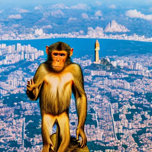 Image similar to high quality portrait of a monkey in front of Christ The Redeemer, studio photograph, photograph, realistic photo, 8k photo, 4k photo, stock photo, high resolution, cinematic shot, high detail