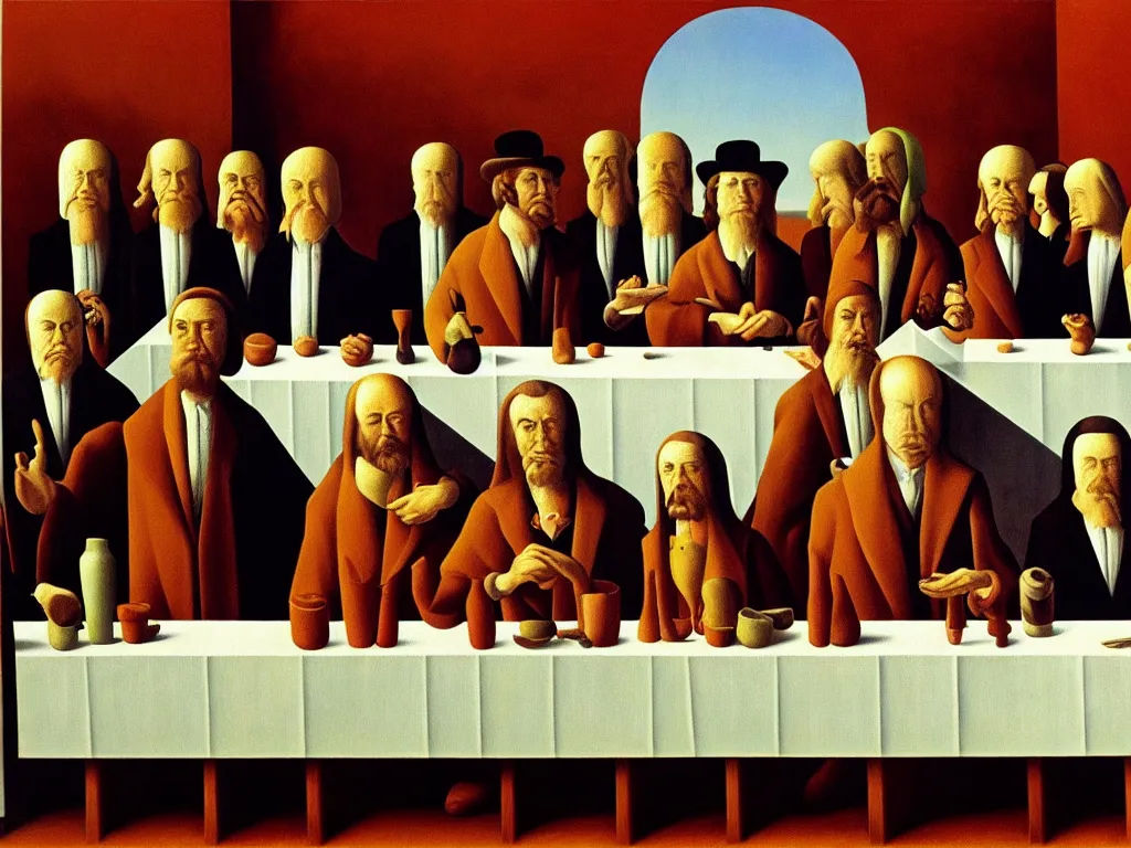 Image similar to crowded last supper painting magritte, renaissance, american gothic, detailed faces