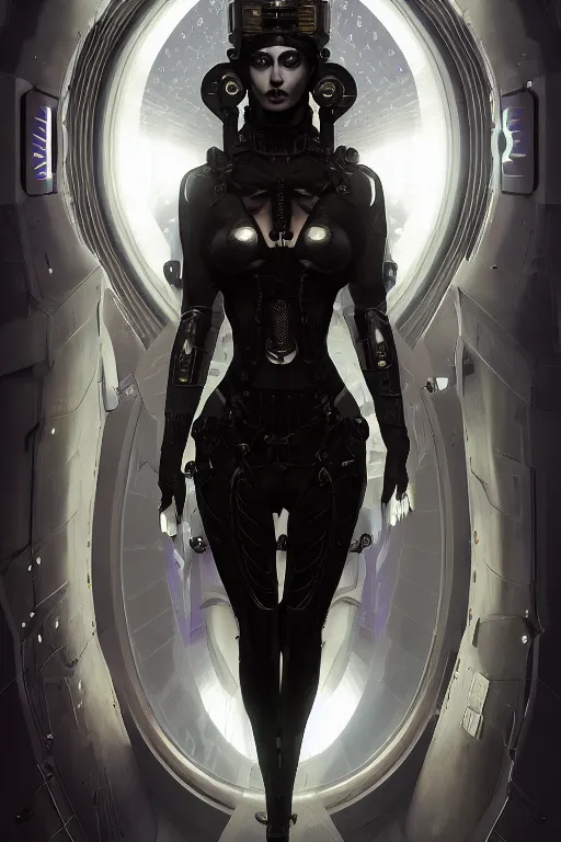 Prompt: portrait futuristic beautiful and goddess and gothic female army navy, at inside of a future submarine, ssci-fi, fantasy, intricate, very very beautiful, elegant, neon light, highly detailed, digital painting, artstation, concept art, soft light, hdri, smooth, sharp focus, illustration, art by tian zi and craig mullins and WLOP and alphonse mucha