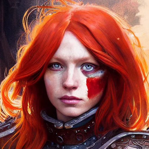 Prompt: closeup portrait of an artificer, dungeons and dragons character, dramatic lighting, female warrior, red hair, ginger hair, castle background, gorgeous view, realistic, high detail, digital art, painted by greg rutkowski, painted by jeremy mann, painted by alphonse mucha, trending on artstation