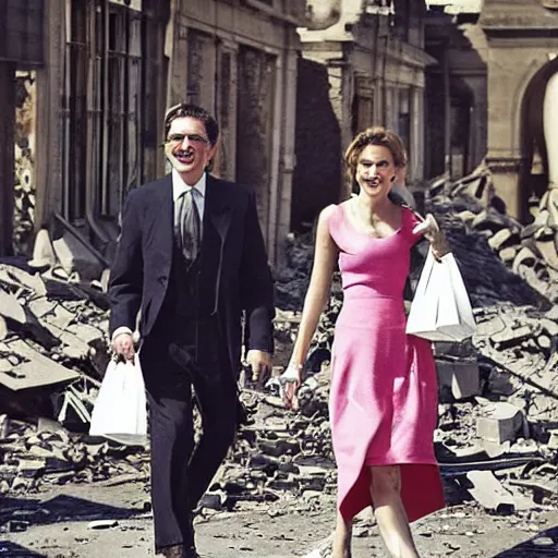 Prompt: modern city destroyed by war in ruins with rich famous couple walking around with shopping bags laughing, color photograph very high detail