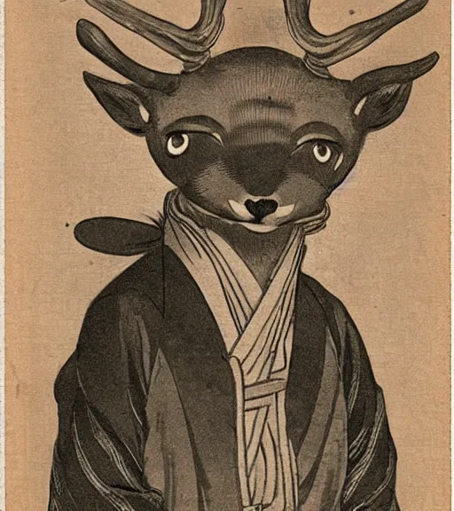 Image similar to 1 8 th century japanese street market in kyoto 1 9 0 0 s early photography portrait anthro anthropomorphic deer head animal person fursona wearing clothes street trader