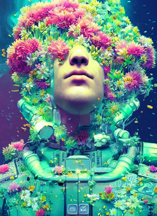 Image similar to closeup, underwater digital painting of a robot wearing a suit made of flowers, cyberpunk portrait by Filip Hodas, cgsociety, panfuturism, abstract expressionism, scribbles, made of flowers, dystopian art, vaporwave