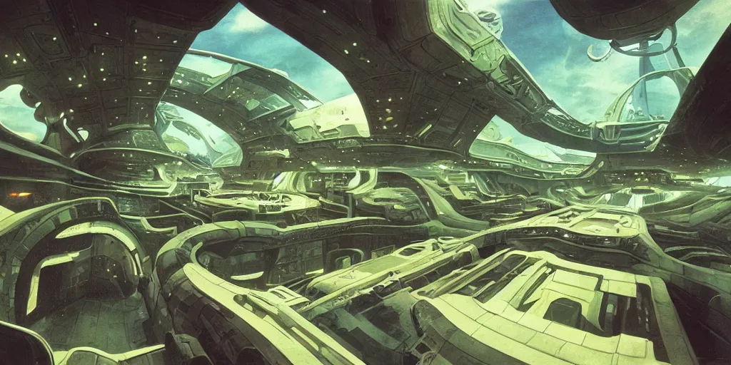 Image similar to cinematic shot of the interior of a sci-fi spaceship with ornate elven architecture, style of Roger Dean, style of Chris Foss