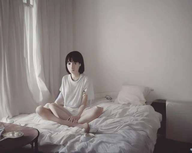 Prompt: a film still of lone anime girl in white tshirt is sitting on poor bed in pale colors room in dark russian flat, perfect faces, fine details, anime, cinestill