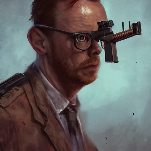 Image similar to simon pegg portrait, horror core, apocalyptic, winchester rifle, sharp focus, fiction, hyper detailed, digital art, trending in artstation, cinematic lighting, studio quality, smooth render, unreal engine 5 rendered, octane rendered, art style and nixeu and wlop and krenz cushart