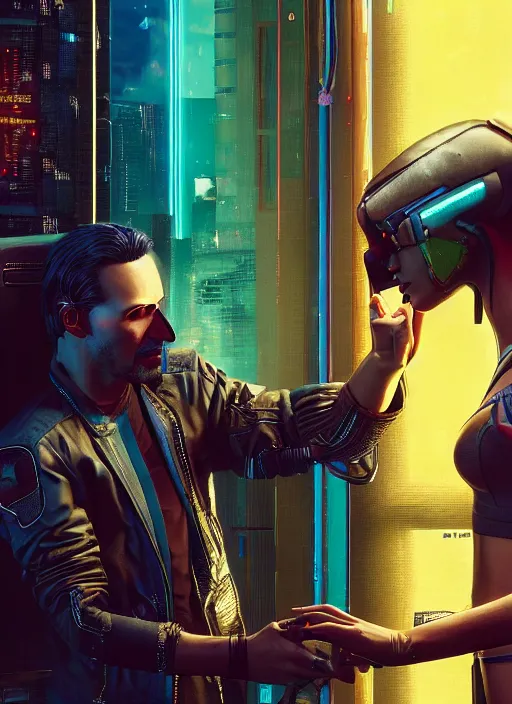 Image similar to a highly detailed photorealistic cyberpunk 2077 couple portrait of Keanu Reeves and female android,lots of electric cable behind,connected to giant computer,couple pose,love,fantasy, intricate, elegant,by Alex Horley and Greg Rutkowski,artstation,deviantart,FAN ART,Unreal Engine,Digital painting,face enhance,8K,golden ratio,cinematic lighting