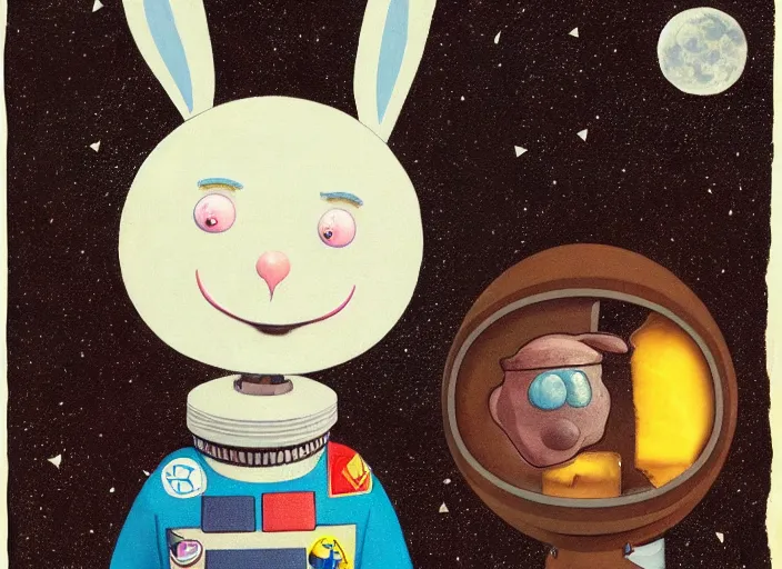 Prompt: an anthropomorphic rabbit astronaut discovering that the moon is made of cheese, lowbrow in the style of mark ryden and picasso,