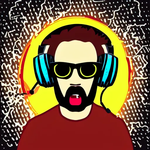 Image similar to svg vector sticker of absolutely insane-mad-scientist-villain, rocking out, wearing headphones, huge speakers, dancing, rave, DJ, spinning records, digital art, amazing composition, rule-of-thirds, award-winning, trending on artstation, featured on deviantart