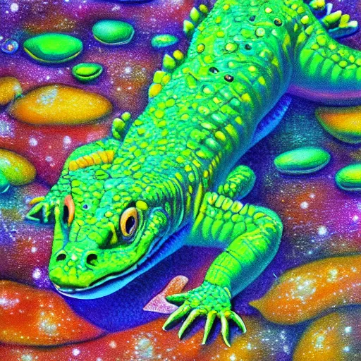 Image similar to cute baby alligator colorful luminescent detailed oil painting 4 k