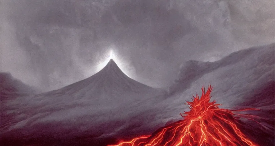 Image similar to a volcano made of ivory vines and crimson rocks enters in eruption, it spits a smoke in the shape of demonic eye, by David A. Hardy