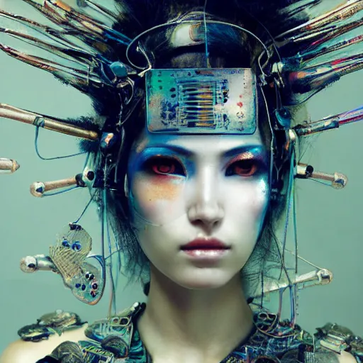 Image similar to cyberpunk geisha warrior by cy Twombly and BASTIEN LECOUFFE DEHARME, iridescent, fractal costume detail, high tech, circuit boards