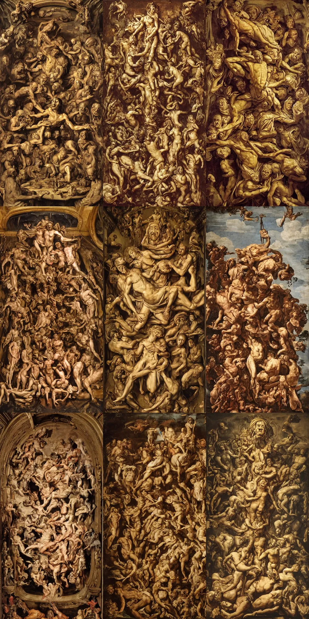 Prompt: Extreme Caravagistti. The absolute worst, most grotesque and awful monster made of gelatinous fleshy blobs. The monster is in an ornately gilded rococo art museum gallery designed by frank lloyd wright and donatello. A magnificent sky is at the top