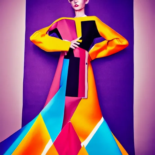 Image similar to a model dressed in an avant garde colorful haute couture dress, angular minimalism, vogue full color editorial photo, sharp focus dynamic light