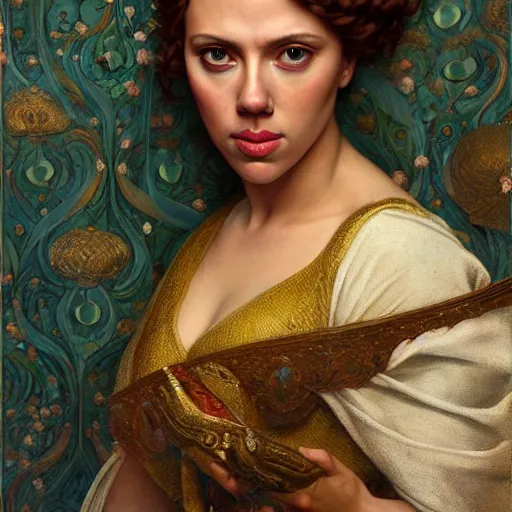 Prompt: highly detailed oil painting | very intricate | cinematic lighting | award - winning | the beautiful scarlett johansson wearing a flowing toga | by godward, by tom bagshaw, by j. c. leyendecker and klimt, beautiful cinematic light, american romanticism, by alphonse mucha, artstation, cgsociety, official art, octane