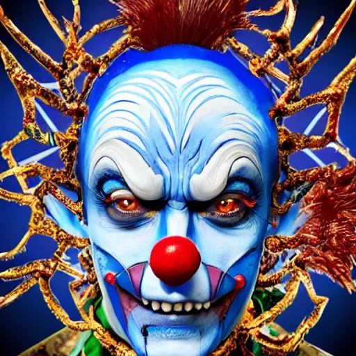 Image similar to 4K headshot of godlike clown with blue skin defined arms and open hands and bloody clothes with giant mandala wings , intricate clown face make-up , flawless anime cel animation by Kentaro Miura, psychedelic , highly detailed upper body , professionally post-processed , beautiful, scary, symmetry accurate features, epic, octane rendered, anime masterpiece, accurate