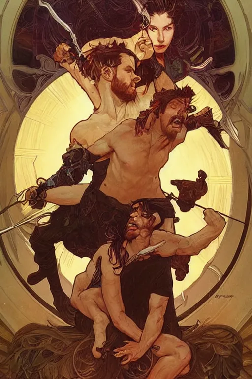 Prompt: the dayman fighting the nightman. art by artgerm and greg rutkowski and alphonse mucha and tomacz alen kopera.