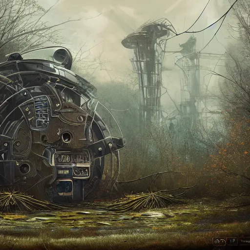 Prompt: highly detailed intricate digital painting of a derelict futuristic machine covered in mystical foliage, trending on artstation, 4k, award-winning art, beautiful somber melancholic atmosphere