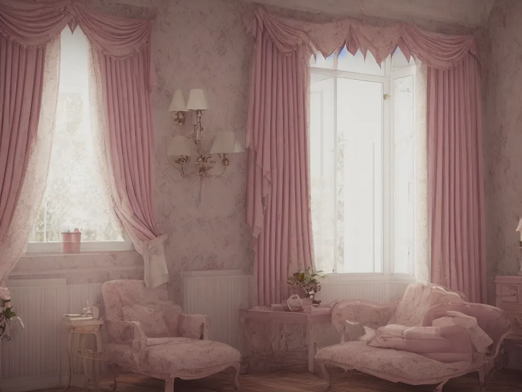 Prompt: 3D render of vintage interior house with very large curtains , High detail, Octane Render, pastel colors , lens 28mm, f 8,
