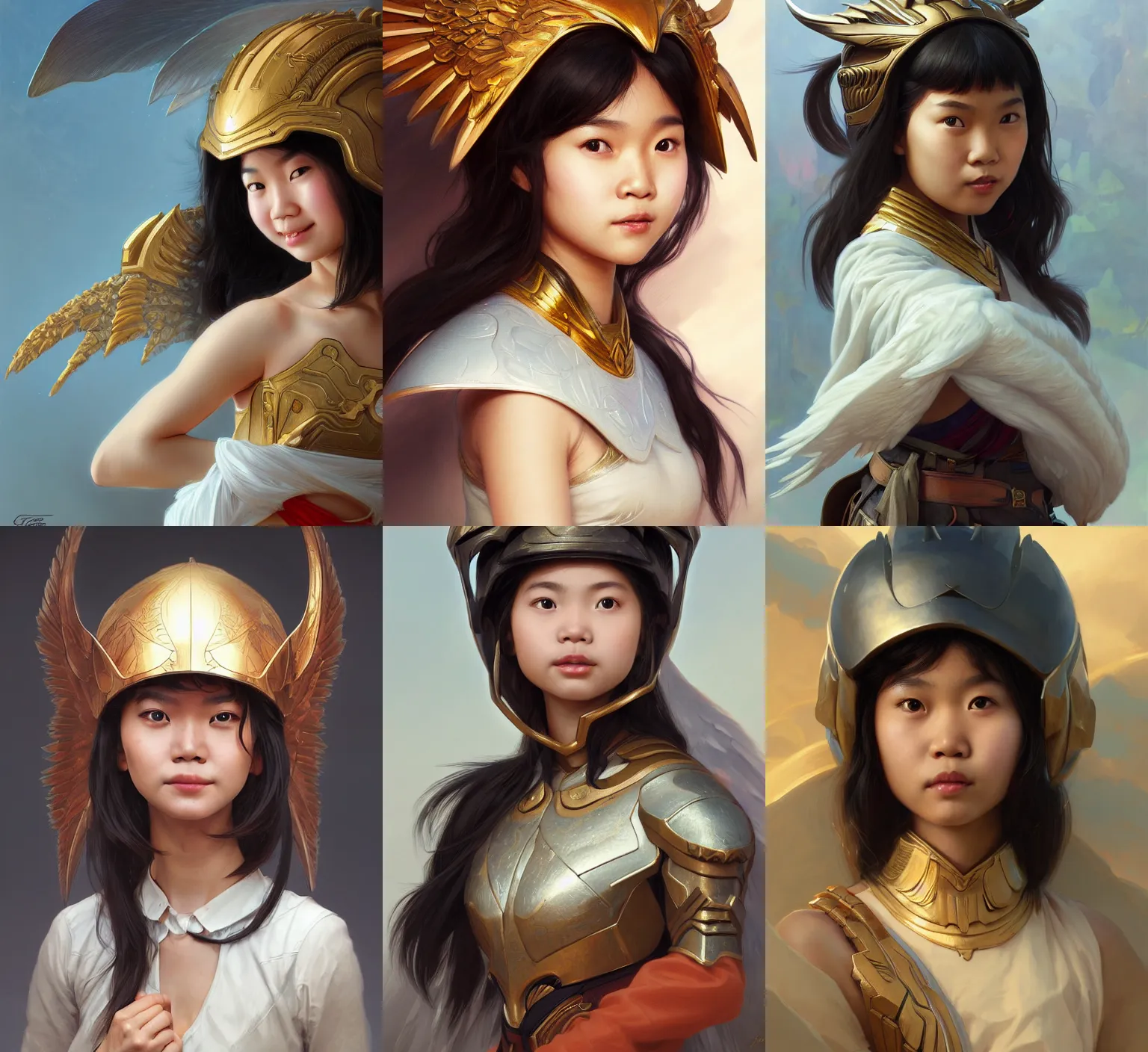 Prompt: Close-up portrait of funny young asian girl wearing a winged helmet, shoulders exposed, portrait, highly detailed, digital painting, artstation, concept art, sharp focus, illustration, art by artgerm and greg rutkowski and alphonse mucha