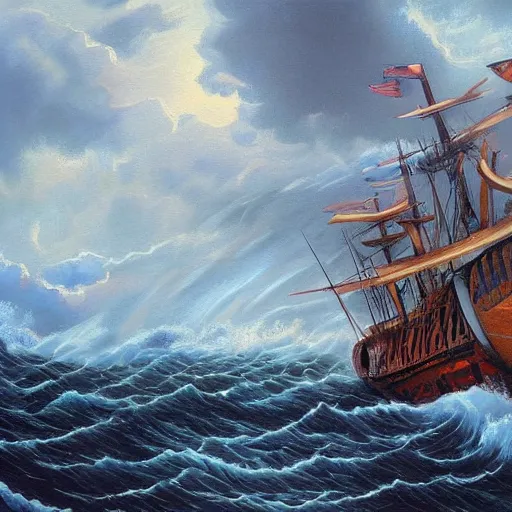 Prompt: sea storm, vortex, epic painting, wooden ship, highly detailed, hd, deep colors