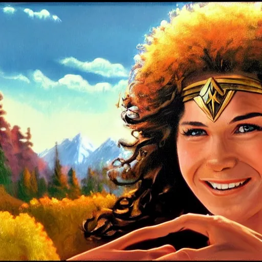 Image similar to a closeup photorealistic photograph of bob ross working on a canvas painting of wonder woman. film still. brightly lit scene. mountains and trees. this 4 k hd image is trending on artstation, featured on behance, well - rendered, extra crisp, features intricate detail, epic composition and the style of unreal engine.