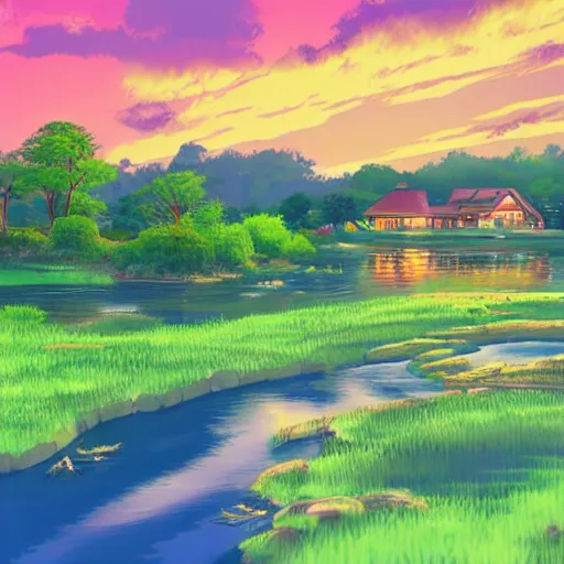 Prompt: a serene landscape with a singular house near a river at sunset, anime style, colorful, calm, high quality