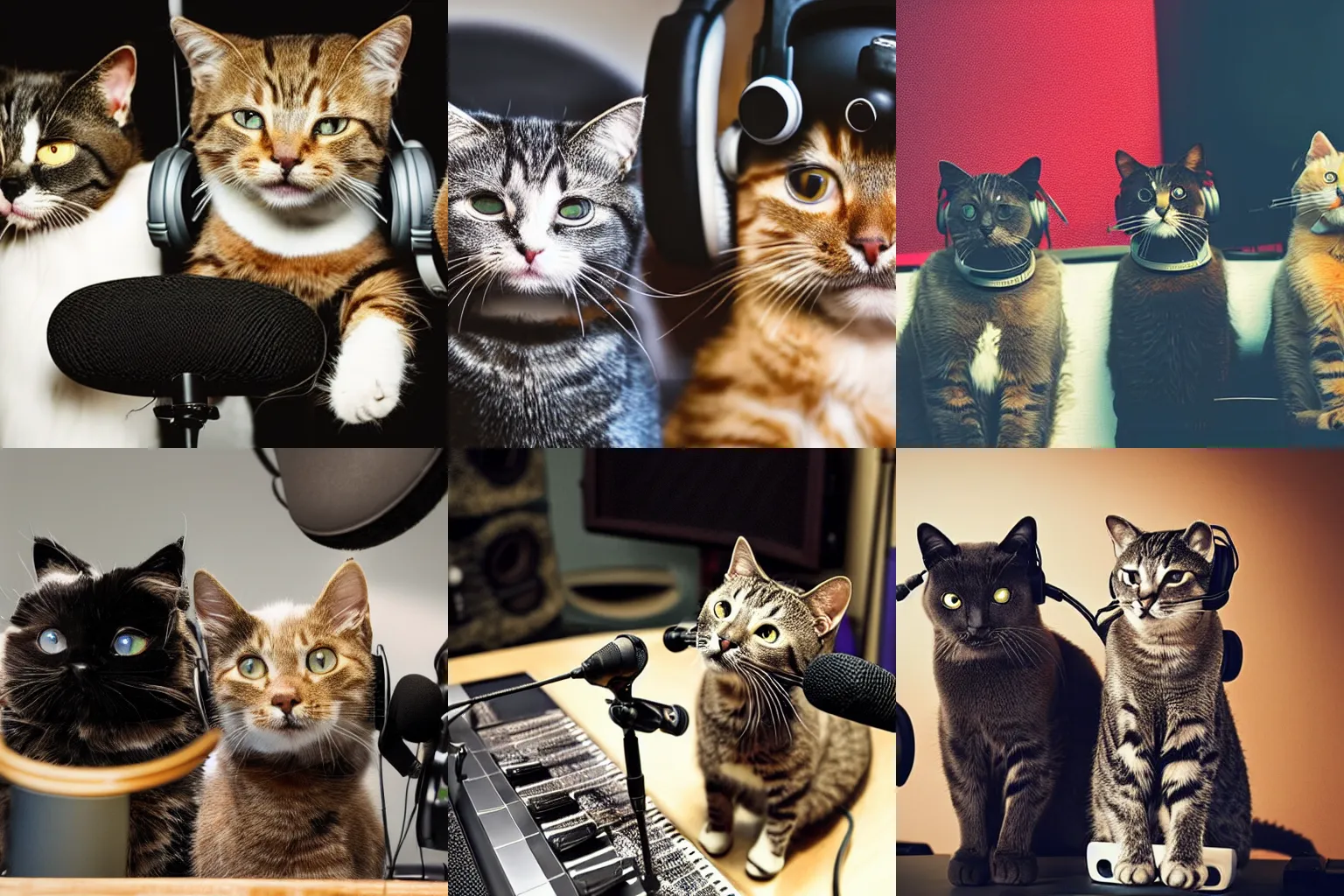 Prompt: cats in a recording studio with headphones and microphones, cats singing and making music