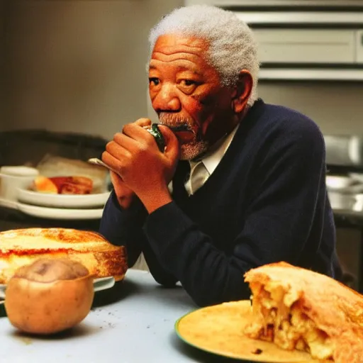 Image similar to polaroid photo of morgan freeman eating a spanish potato omelette