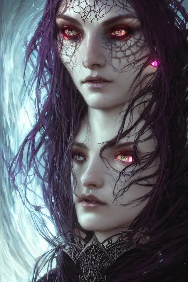 Image similar to Necromancer Sorceress face close-up macro in center, fantasy magic, undercut hairstyle, dark light night, intricate, elegant, sharp focus, illustration, highly detailed, digital painting, concept art, matte, art by WLOP and Artgerm and Greg Rutkowski and Alphonse Mucha, masterpiece