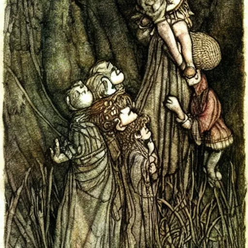 Prompt: the mother was great. she made even the giants look small. the giants were great. thou art tiny, like a little doll. arthur rackham illustration, extremely high quality