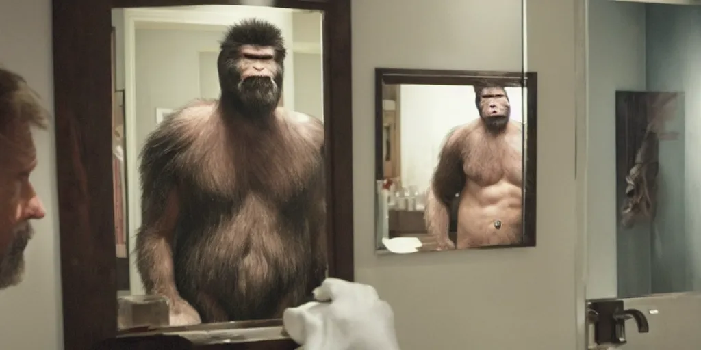 Image similar to ultra wide angle photo of alec baldwin dressed as blake, from glengarry glenn ross, looking at himself in a bathroom mirror and seeing his reflection as a hairy australopithecines like ape version of himself