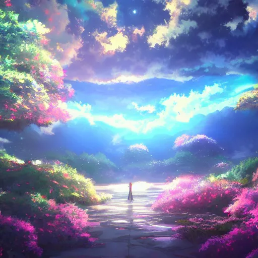 Image similar to a heavenly dream view from the interior of my cozy dream world filled with color from a Makoto Shinkai oil on canvas inspired pixiv dreamy scenery art majestic fantasy scenery fantasy pixiv scenery art inspired by magical fantasy exterior