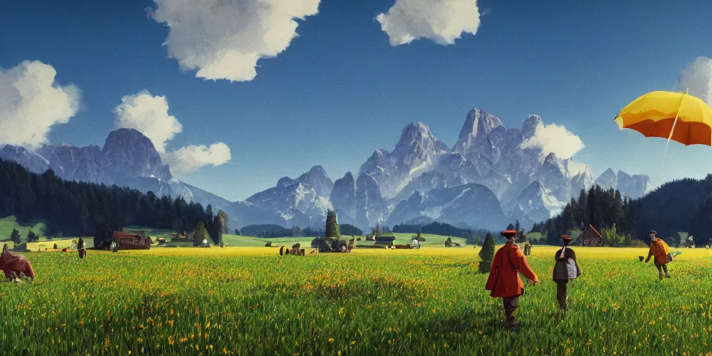 Image similar to a ultra photorealistic and sharp film still of an a sunny and colourful open field in 1 9 1 6 in the middle of the bavarian alps, germany. wide shot, frog perspective, wes anderson, studio ghibli, pixar and disney animation, octane render, anime key art by greg rutkowski, dramatic lighting, award winning photography