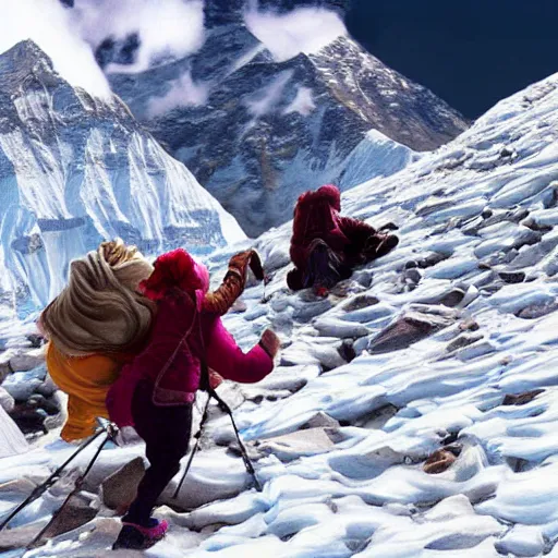 Prompt: blonde lady pushing obese indian woman in a wheelchair up mount everest, greg rutkowski