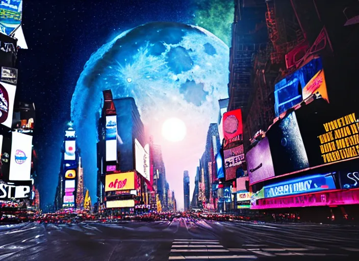 Image similar to film still of the moon shattering into pieces over time square in the new disaster movie, 8 k, night time