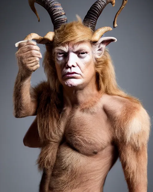 Prompt: Donald Trump in Elaborate Pan Satyr Goat Man Makeup and prosthetics designed by Rick Baker, Hyperreal, Head Shots Photographed in the Style of Annie Leibovitz, Studio Lighting