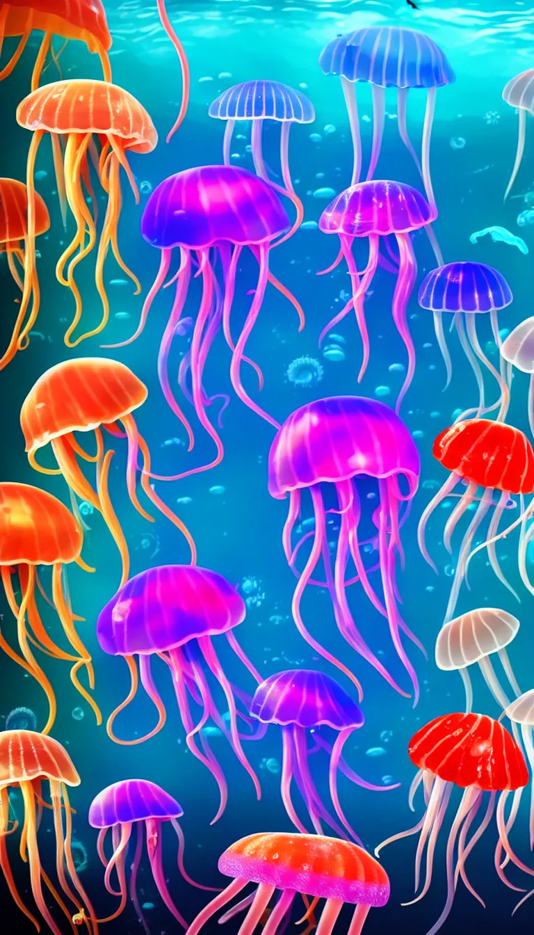 Prompt: highly detailed photo of five colorful jellyfish floating in dark under water sea, hyper realistic, concept art, 8 k detail post - processing