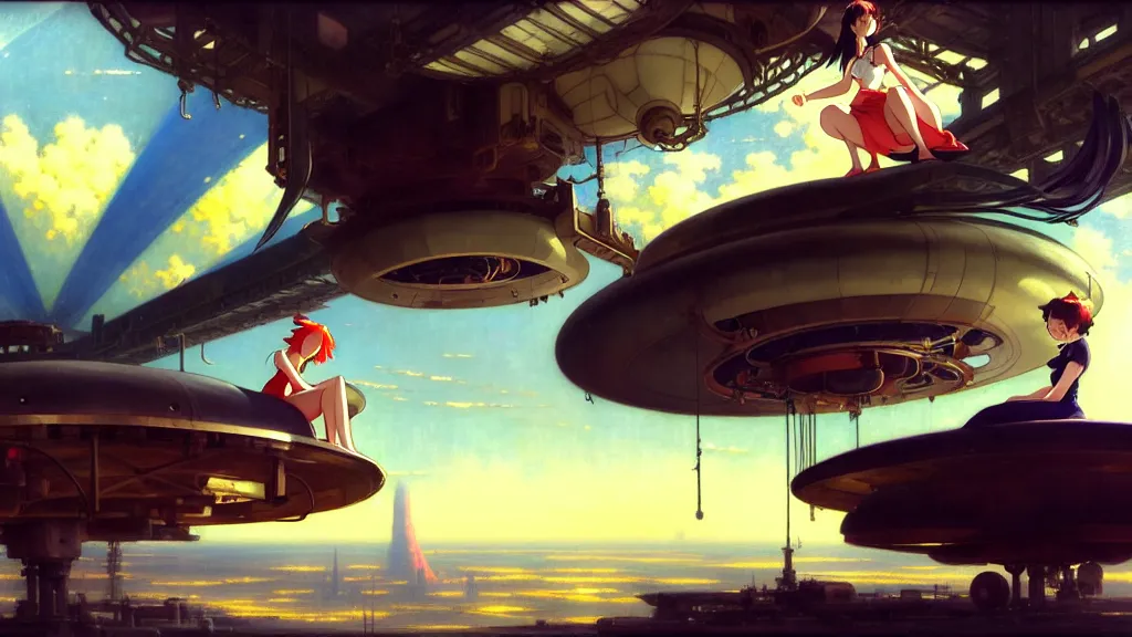 Image similar to a film still of a 1 9 5 0's mechanic anime girl sitting on top of flying ufo landing in hangar of giant ufo spaceship, trending on pixiv fanbox, painted by gaston bussiere, makoto shinkai, akihiko yoshida, gaston bussiere, craig mullins