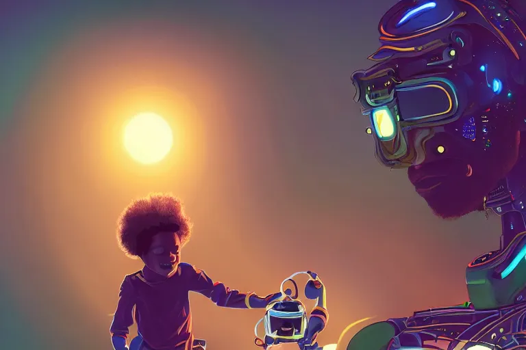Image similar to a black kid playing with a futuristic robot in the nature, mixing solarpunk, afropunk, cyberpunk, ( ( ( ( volumetric light ) ) ) ), high angle, part by pearl fryar, part by prince damah, sunny day, trending on artstation, cinematic view, illustration, painting.