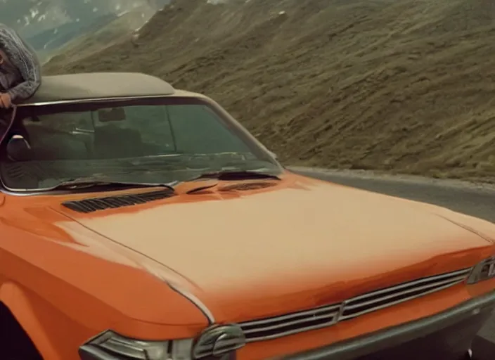 Image similar to a very high resolution image from a new movie, eminem driving a car. mountains, directed by wes anderson