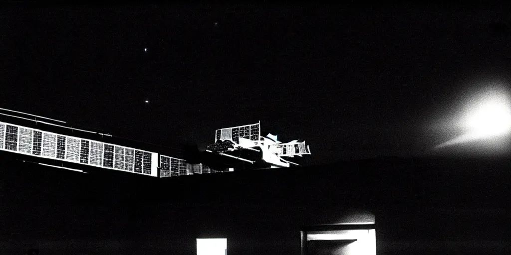 Image similar to low angle shot of a space station at night, film noir set design by Bertolt Brecht, in the style of Jim Jarmusch, shot on film, grainy, hyperrealistic