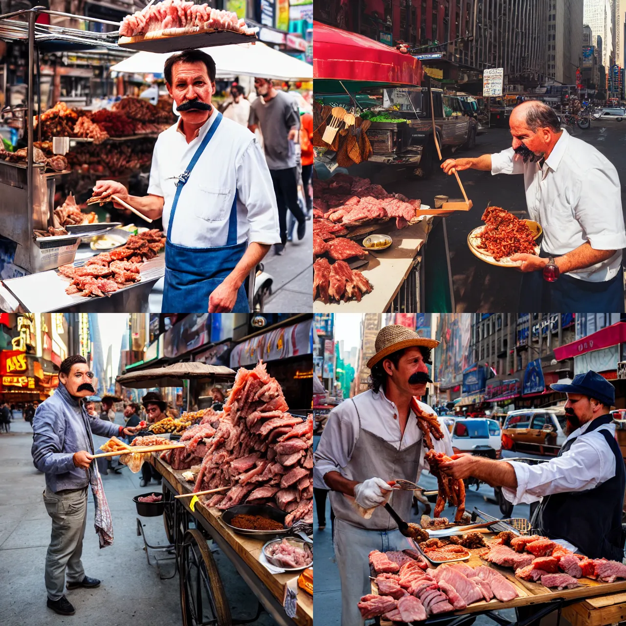 Prompt: Man with mustache giving out loose meat on stick at a cart in new york, hyper realism, cinematic, volumetric lighting, sunlight, high detail, 8k, depth of field, professional photo, photorealistic,