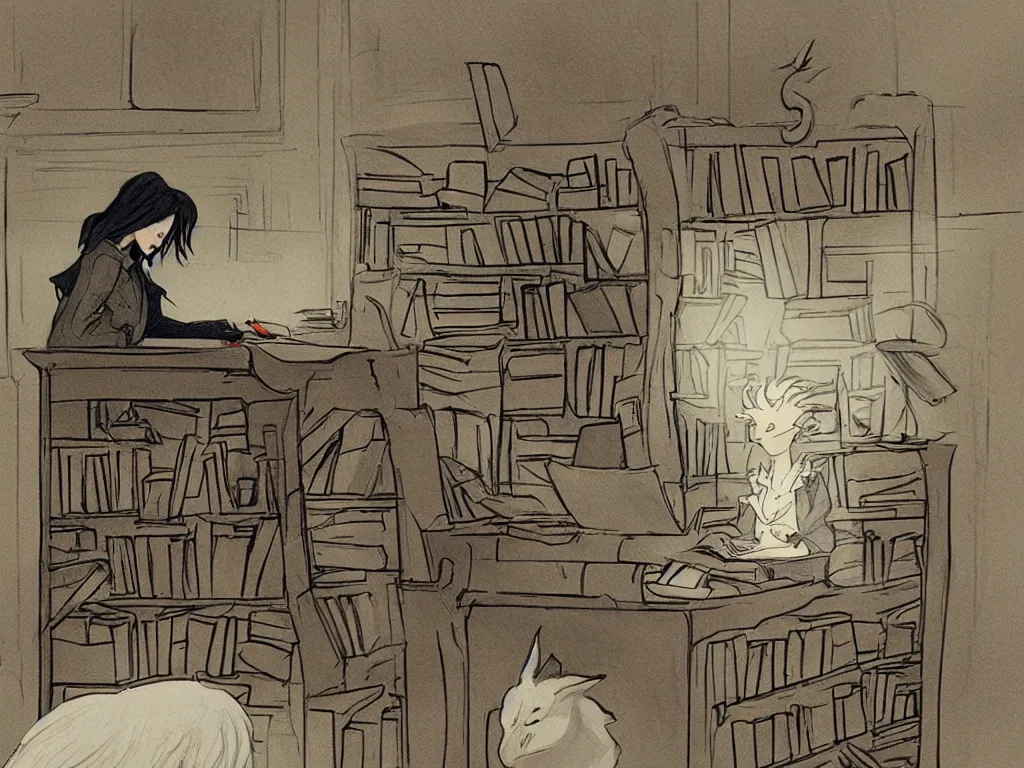 Prompt: detailed concept art of a ghost writing a book in an organized office, by Abigail Larson