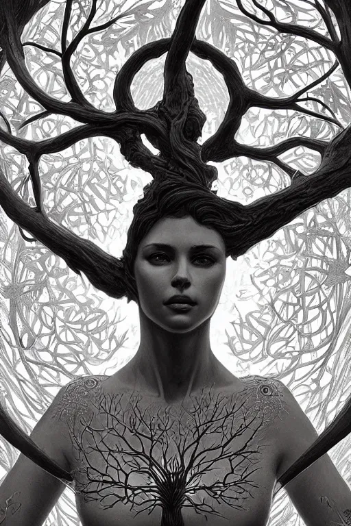 Image similar to ultra realistic illustration, a statue of the tree of life, intricate, elegant, highly detailed, digital painting, artstation, concept art, smooth, sharp focus, illustration, art by artgerm and greg rutkowski and alphonse mucha