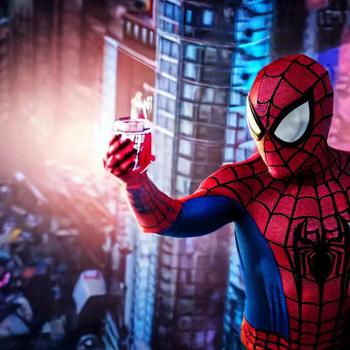 Image similar to Spiderman goes to a rave party and drink himself drunk, Spiderman drinks Viking Fjord vodka straight from the bottle, Spiderman in the moshpit, Realistic, HDR, HD, Real Event, 8K,