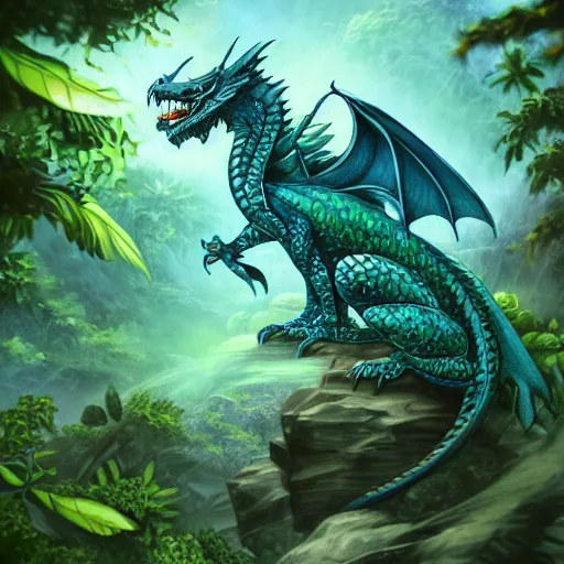 Prompt: An elegant green, blue dragon, sitting on a clearing in a flowery jungle, detailed, mtg, digital illustration, trending on artstation