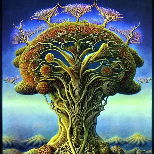 Image similar to sacred mulberry tree by roger dean and andrew ferez, art forms of nature by ernst haeckel, divine chaos engine, symbolist, visionary, art nouveau, botanical fractal structures, tree of life, lightning bolts, detailed, realistic, surreality